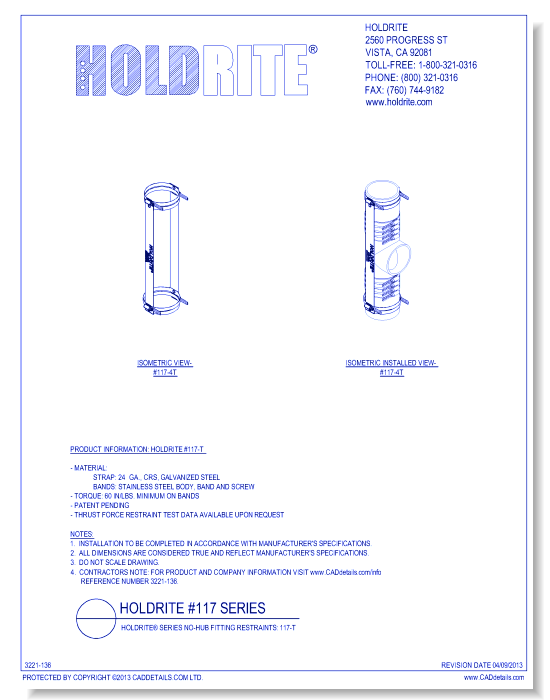 HOLDRITE® Series No-Hub Fitting Restraints: 117-T
