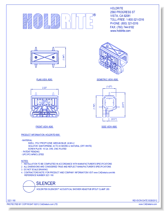 HOLDRITE® Silencer™ Acoustical Shower Head/Tub Spout Clamp: 265