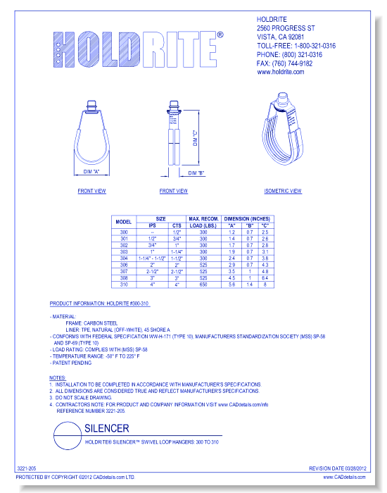 HOLDRITE® Silencer™ Swivel Loop Hangers: 300 to 310