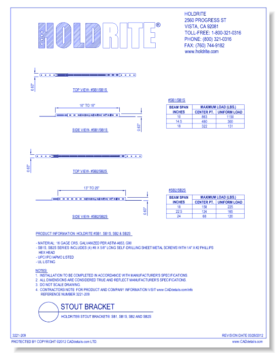 HOLDRITE® Stout Bracket®: SB1, SB1S, SB2 and SB2S