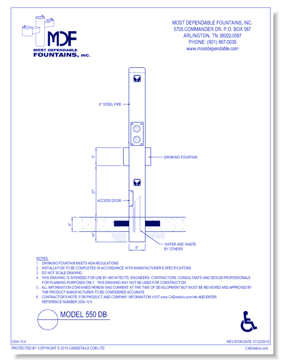 ** 550 DB** Pedestal direct bury shower with one shower head, one foot wash and an ADA drinking fountain.