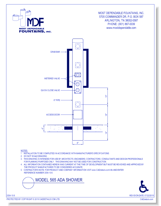 ** 565 DB** **ADA** Pedestal direct bury shower with accessible metered shower heads at 72 and 49, two grab bars and one foot wash with a quick closing valve.