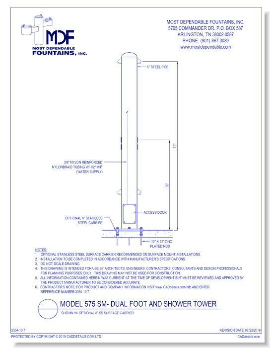 ** 575 SM** Pedestal surface mount shower with back to back shower heads and foot wash heads.* (Shown with optional Stainless Steel Carrier-recommended)*