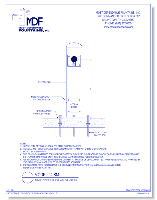 ** MDF 24 SM** Pedestal surface mount **Hydrant** at 24 Inch with access door standard* (Shown with optional surface carrier-recommended)*