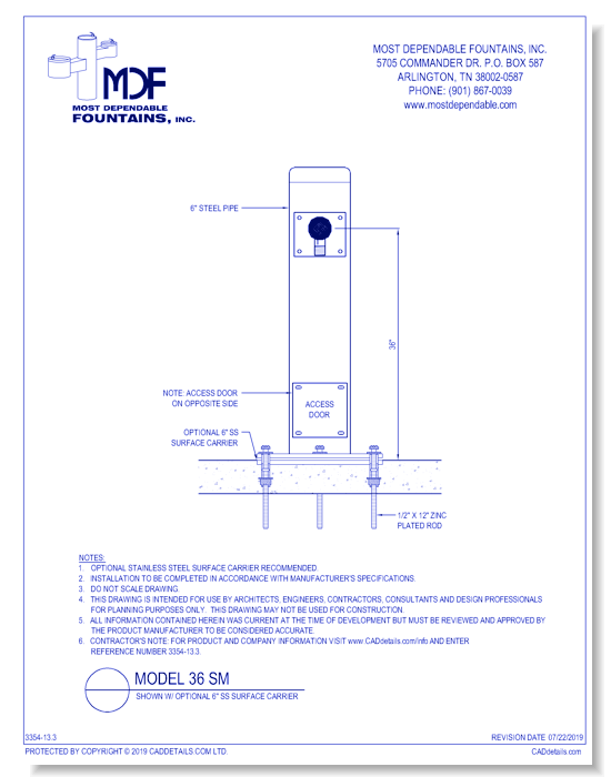 ** MDF 36 SM** Pedestal surface mount **Hydrant** at 36 Inch with access door standard