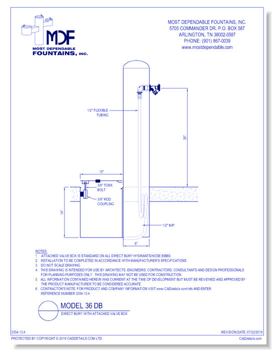 ** MDF 36 DB** Pedestal direct bury **Hydrant** at 36 Inch with attached valve box standard