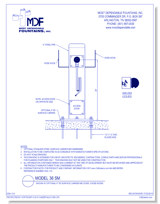 ** MDF 36 SM** Pedestal direct bury **Hydrant** with HBC and 2 hose hooks* (Shown with optional surface carrier-recommended)*