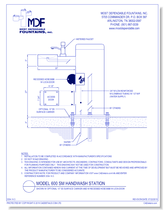 ** 600 SM** Pedestal surface mount **HandWash** Station with optional Recessed Hose Bibb with locking door* (Shown with optional 10 Inch stainless steel surface carrier-recommended)*
