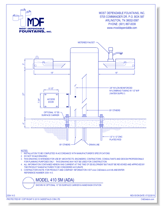 ** 410 SM** Pedestal surface mount Drinking Fountain with option **HandWash** Station* (Shown with optional 10 Inch stainless steel surface carrier recommended)*
