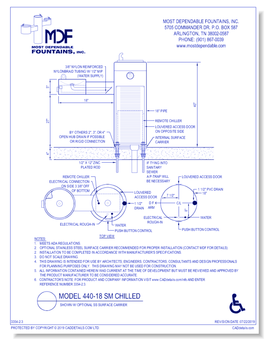 ** 440-18 SM** Chilled Pedestal surface mount fountain with one bowl on an ADA arm and one bowl on top of the main pedestal. Both the high and the low meet ADA.* (Shown with optional Stainless Steel Carrier-recommended)*