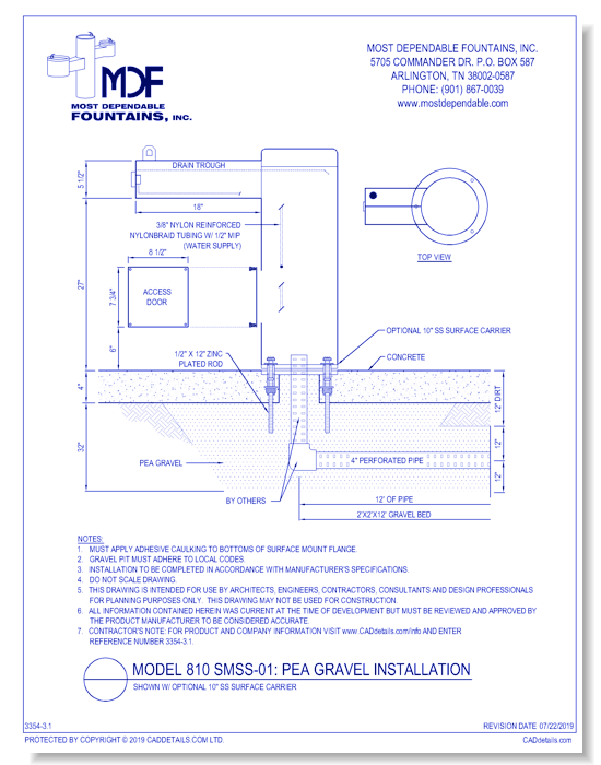 ** 810 SMSS-01** Pedestal surface mount stainless steel fountain with one trough style ADA Arm designed for drainage into a pea gravel.* (Shown with optional Stainless Steel Surface Carrier-recommended)*