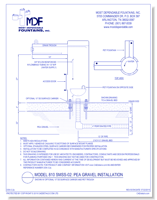 ** 810 SMSS-02** Pedestal surface mount stainless steel fountain with one trough style ADA Arm designed for drainage into a pea gravel.* (Shown with optional 10" SS Surface Carrier and Pet Trough)*