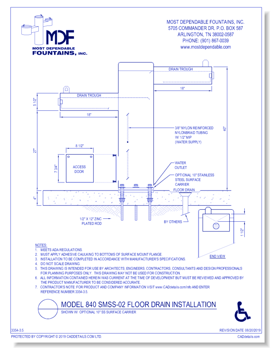 ** 840 SMSS-02** Pedestal surface mountain stainless steel fountain with one trough style ADA Arm (low) and an additional trough style arm mounted at ADA height (high) designed for drainage into a floor drain. *(Shown with optional Stainless Steel Surface Carrier-recommended)*