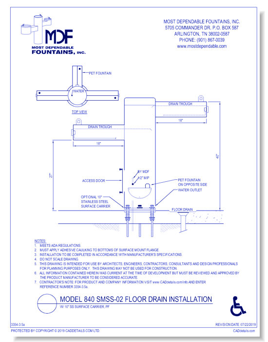 ** 840 SMSS-02** Pedestal surface mount stainless steel fountain with one trough style ADA Arm designed for drainage into a floor drain w/ 10 inch SS Surface Carrier, PF