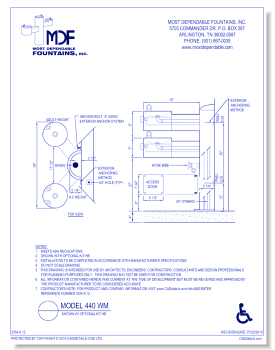 ** 440 WM** Pedestal Wall mount with dual height ADA arms and Kit HB