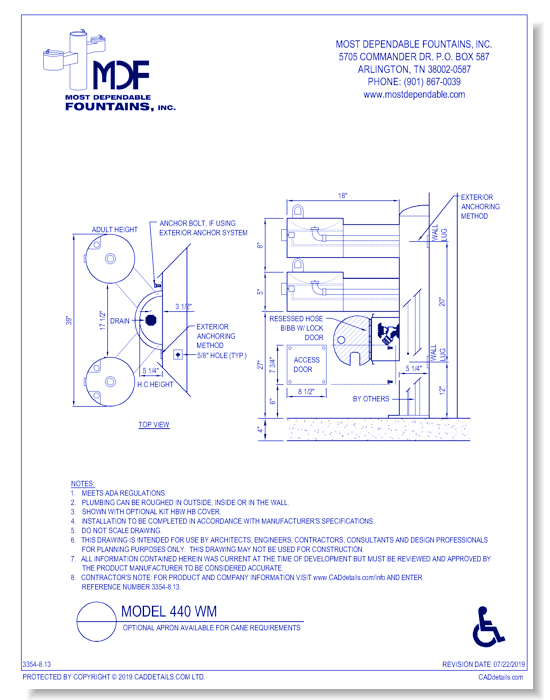 ** 440 WM** Pedestal Wall Mount with dual height ADA arms, Kit HB with Locking Cover