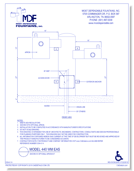 ** 440 WM** Pedestal Wall Mount with dual height ADA arms and ADA apron