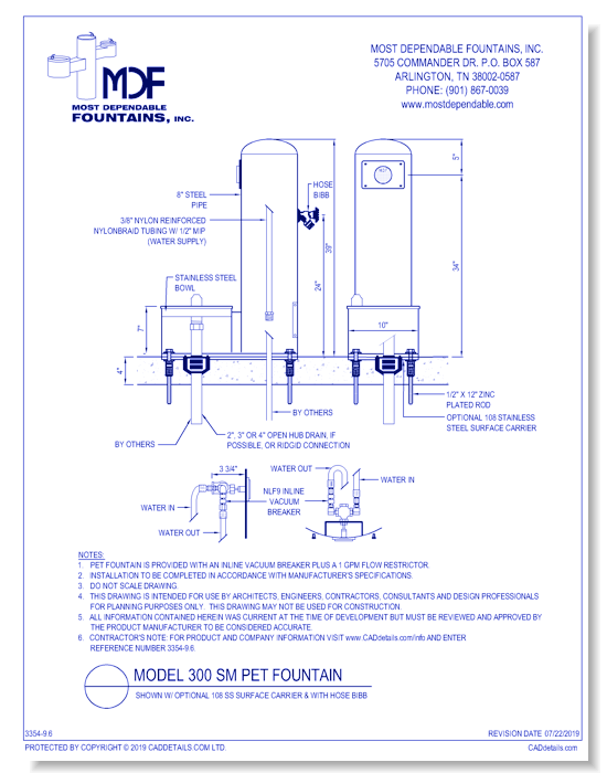 ** 300 SM** Pedestal surface mount pet fountain with one bowl on bottom of column and Kit HB.* (Shown with optional 108 Stainless Steel Surface Carrier-recommended)*