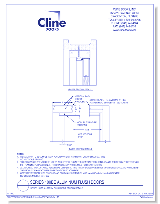 Series 100BE Aluminum Flush Door: Section Details