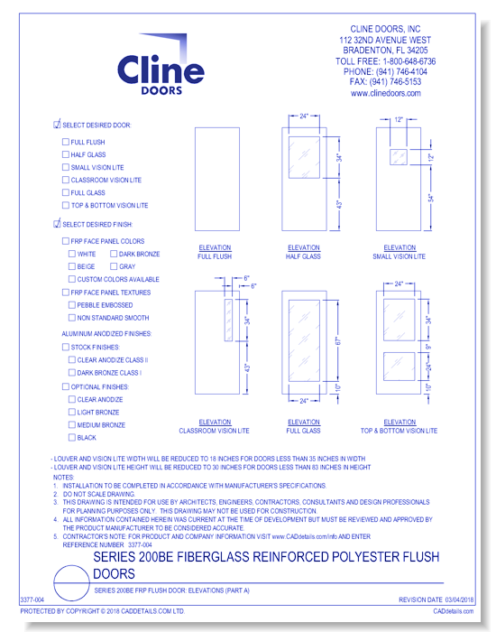 Series 200BE FRP Flush Door: Elevations (Part A)