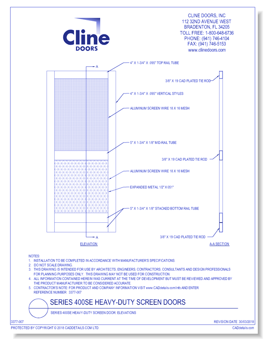 Series 400SE Heavy-Duty Screen Door: Elevations