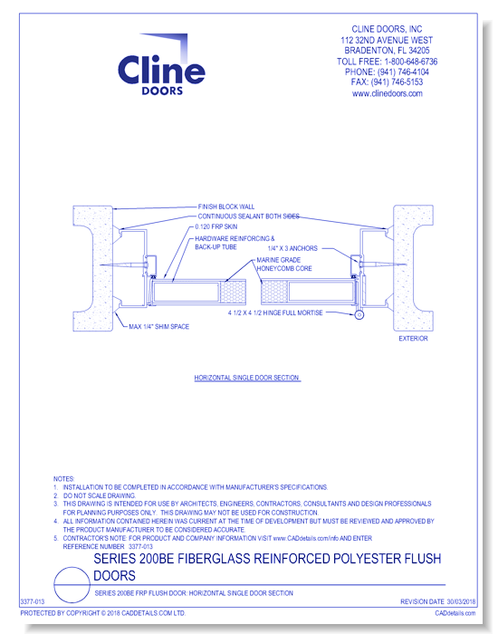Series 200BE FRP Flush Door: Horizontal Single Door Section