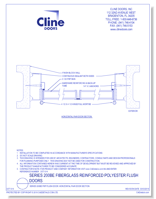 Series 200BE FRP Flush Door: Horizontal Pair Door Section