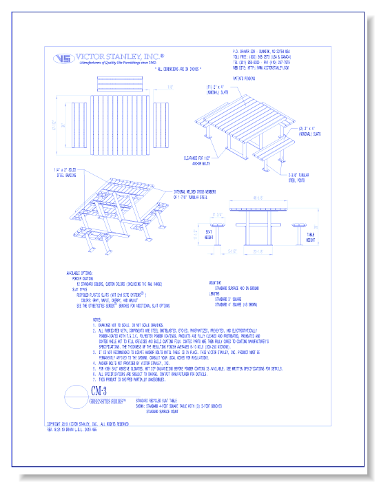 Model CM-3: GreenSites 4' Sq Table with (3) 3' Benches Standard Surface Mount