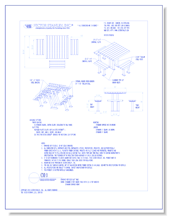 Model CM-3: GreenSites 3' Sq Table with (3) 2' Benches Standard Surface Mount