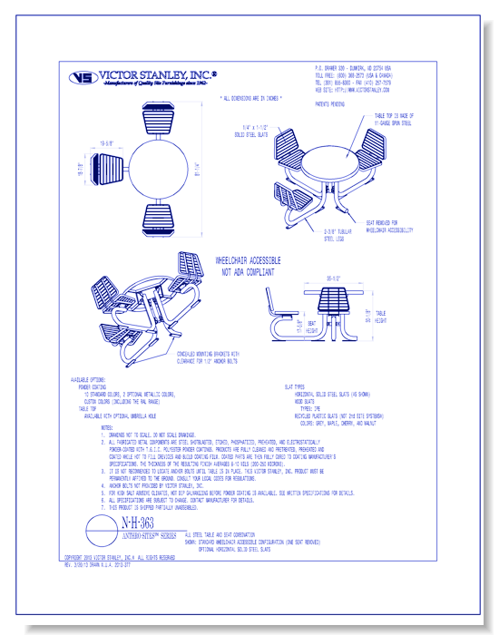 Model N-H-363: 36 in (914 mm) tabletop, 3 seats w/backs, handicap accessible