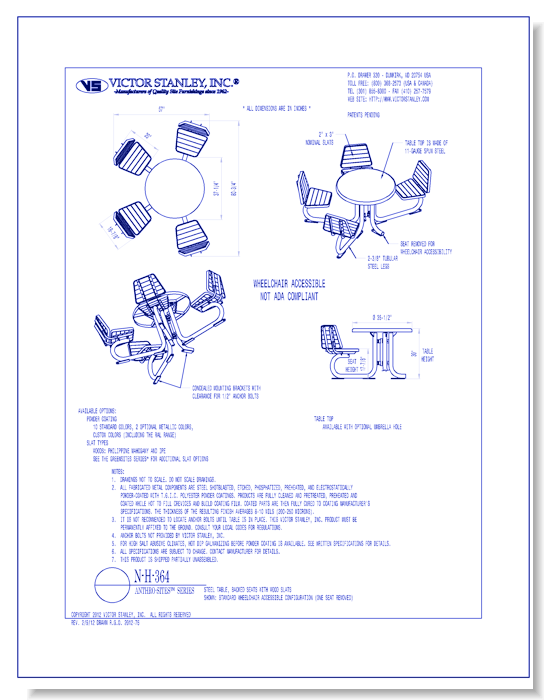 Model N-H-364: 36 in (914 mm) tabletop, 4 seats w/backs, handicap accessible
