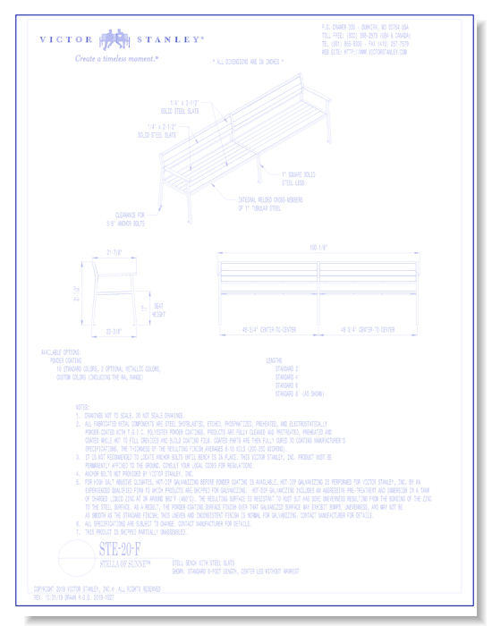 Model STE-20-F: Stell Bench, Horizontal Steel Slats, Center Leg without Armrest