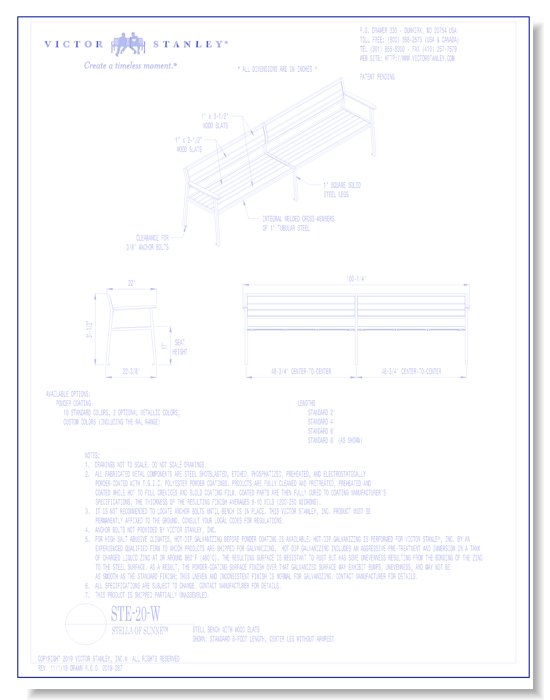 Model STE-20-W: Stell Bench, Wood Slats, Center Leg without Armrest