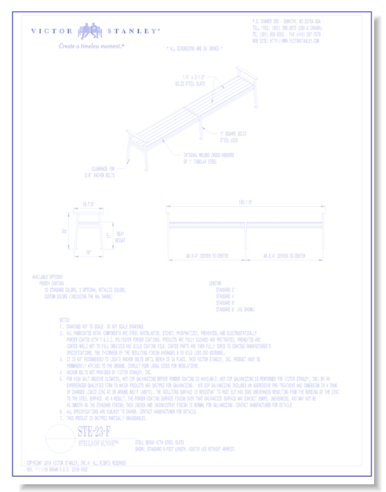 Model STE-23-F: Stell Backless Bench, Horizontal Steel Slats, Center Leg without Armrest