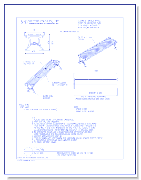 Model CS-296: Classic Backless Bench, Solid Steel Rod Seating