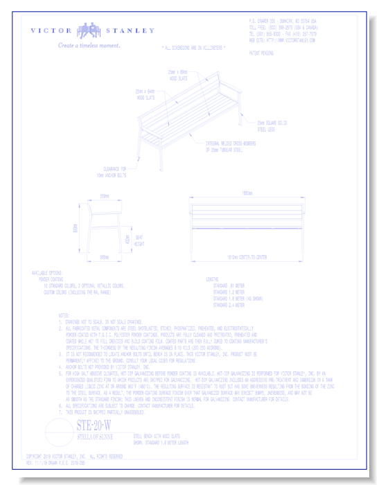 Model STE-20-W: Stell Bench, Wood Slats - 6ft