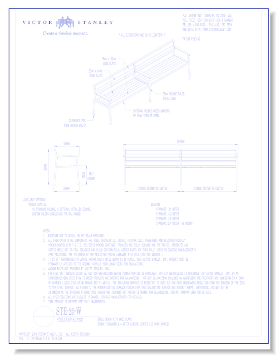 Model STE-20-W: Stell Bench, Wood Slats, Center Leg with Armrest