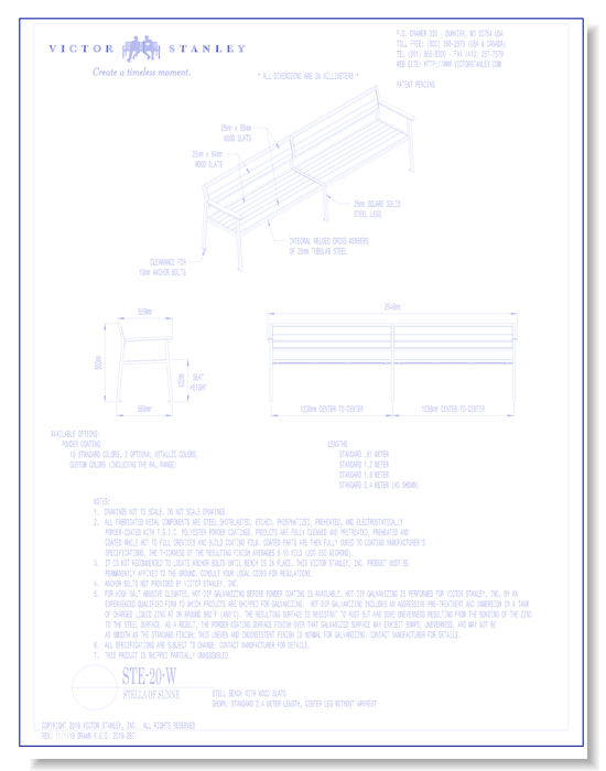 Model STE-20-W: Stell Bench, Wood Slats, Center Leg without Armrest
