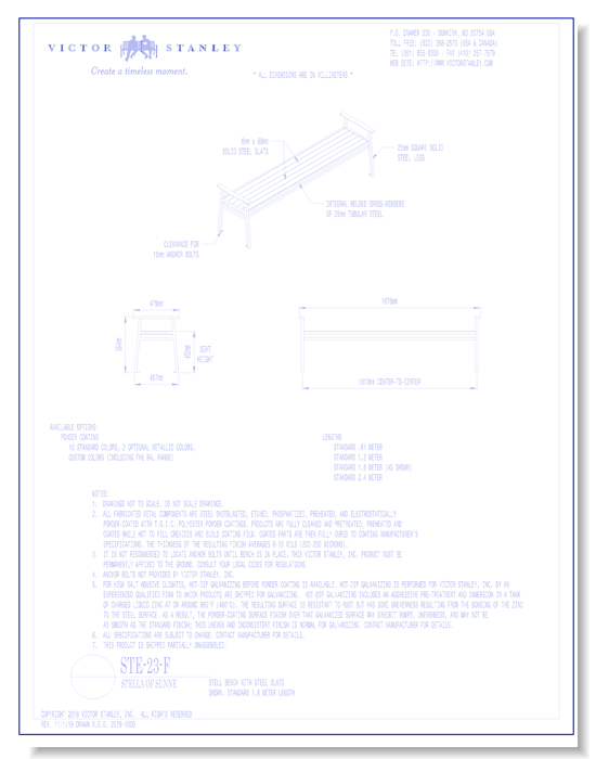 Model STE-23-F: Stell Backless Bench, Horizontal Steel Slats - 6ft
