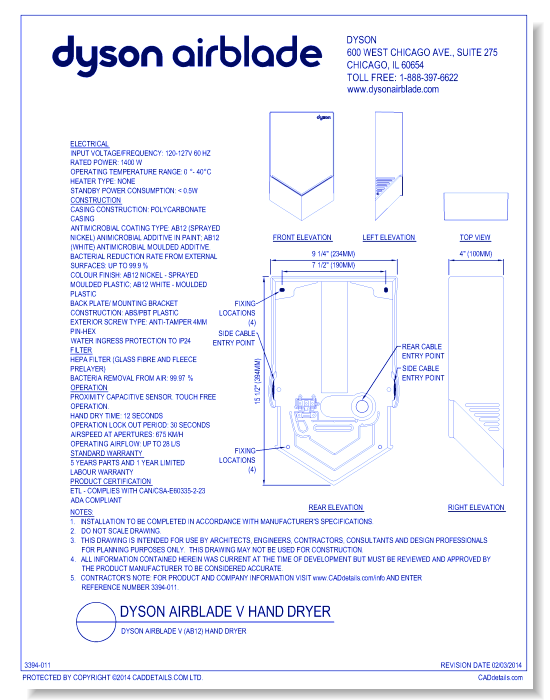 Dyson Airblade V (AB12) hand dryer - Sheet 1 of 2