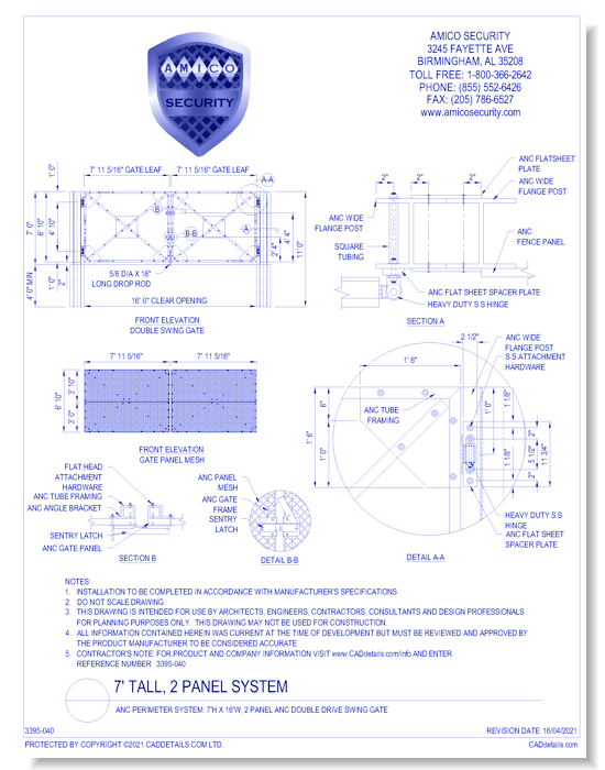 ANC Perimeter System: 7'H x 16'W, 2 Panel ANC Double Drive Swing Gate