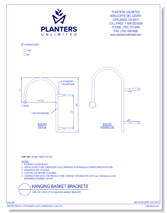 One-Way Hook Style Hanging Basket Bracket