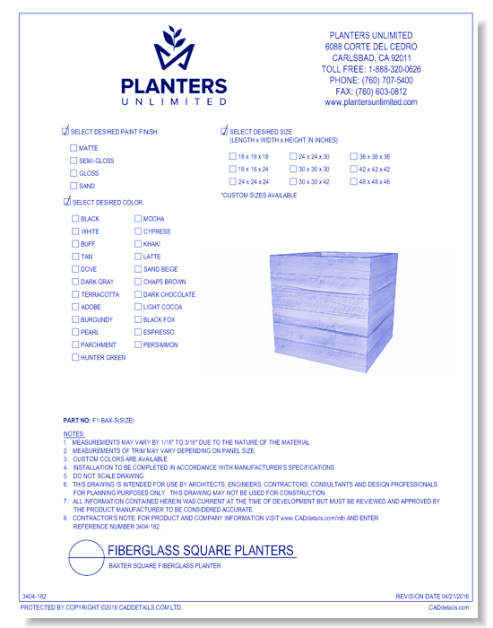 Baxter Square Fiberglass Planter 