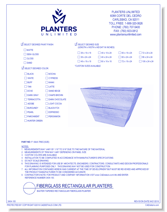 Baxter Tapered Rectangular Fiberglass Planter