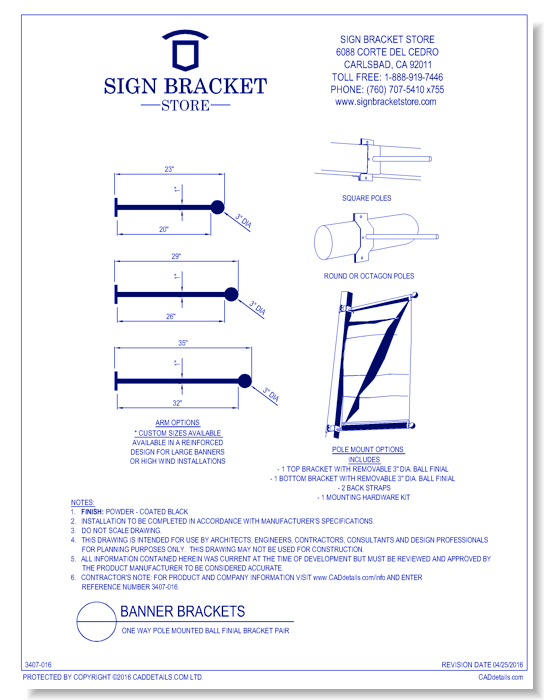 One-Way Pole Mount Ball Finial Banner Bracket Pair