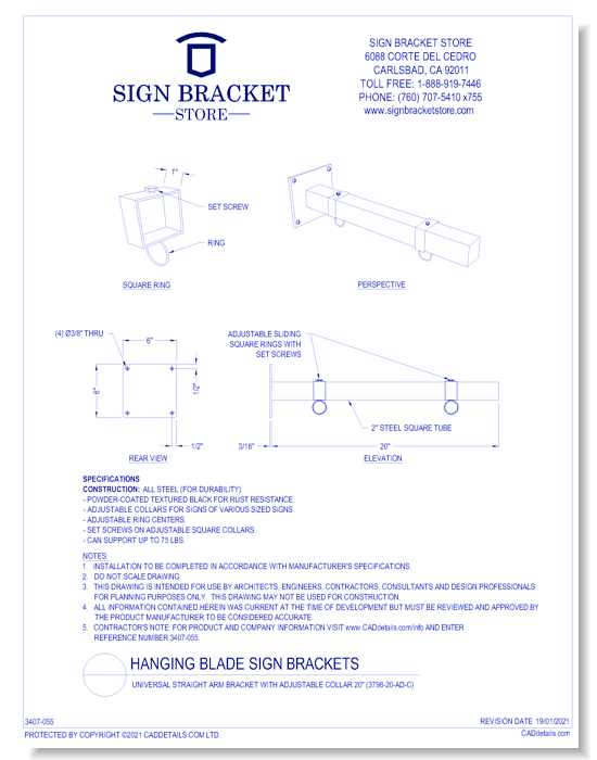 Universal Straight Arm Bracket With Adjustable Collar 20''