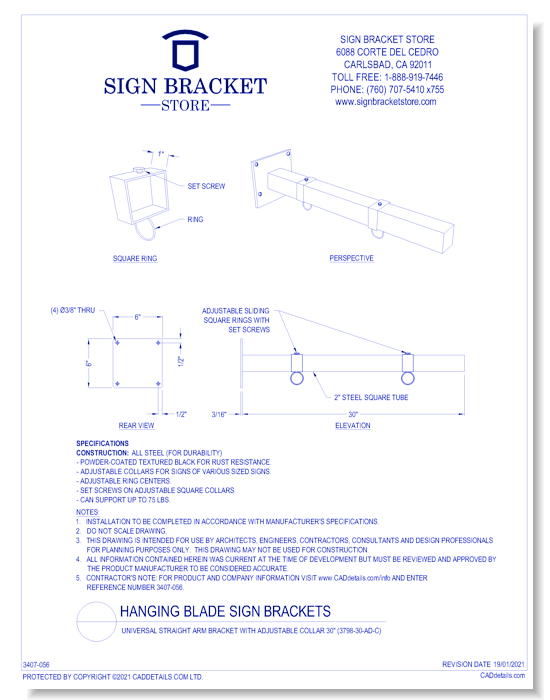 Universal Straight Arm Bracket With Adjustable Collar 30''