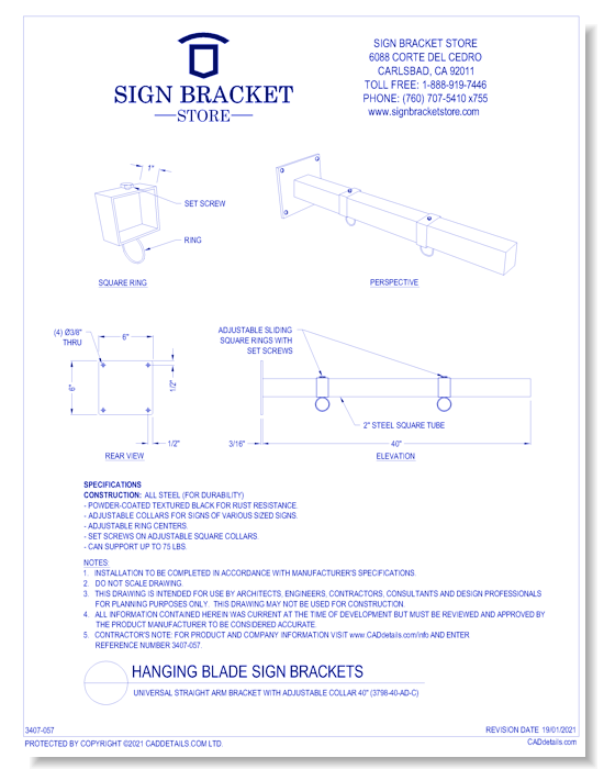 Universal Straight Arm Bracket With Adjustable Collar 40''
