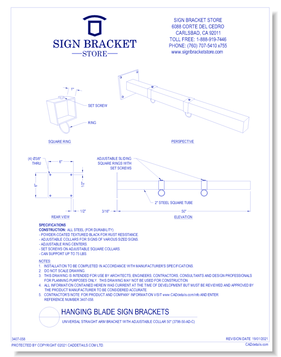 Universal Straight Arm Bracket With Adjustable Collar 50''
