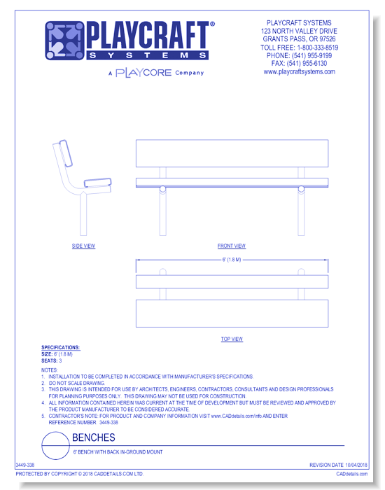 6' Bench with Back In-Ground Mount